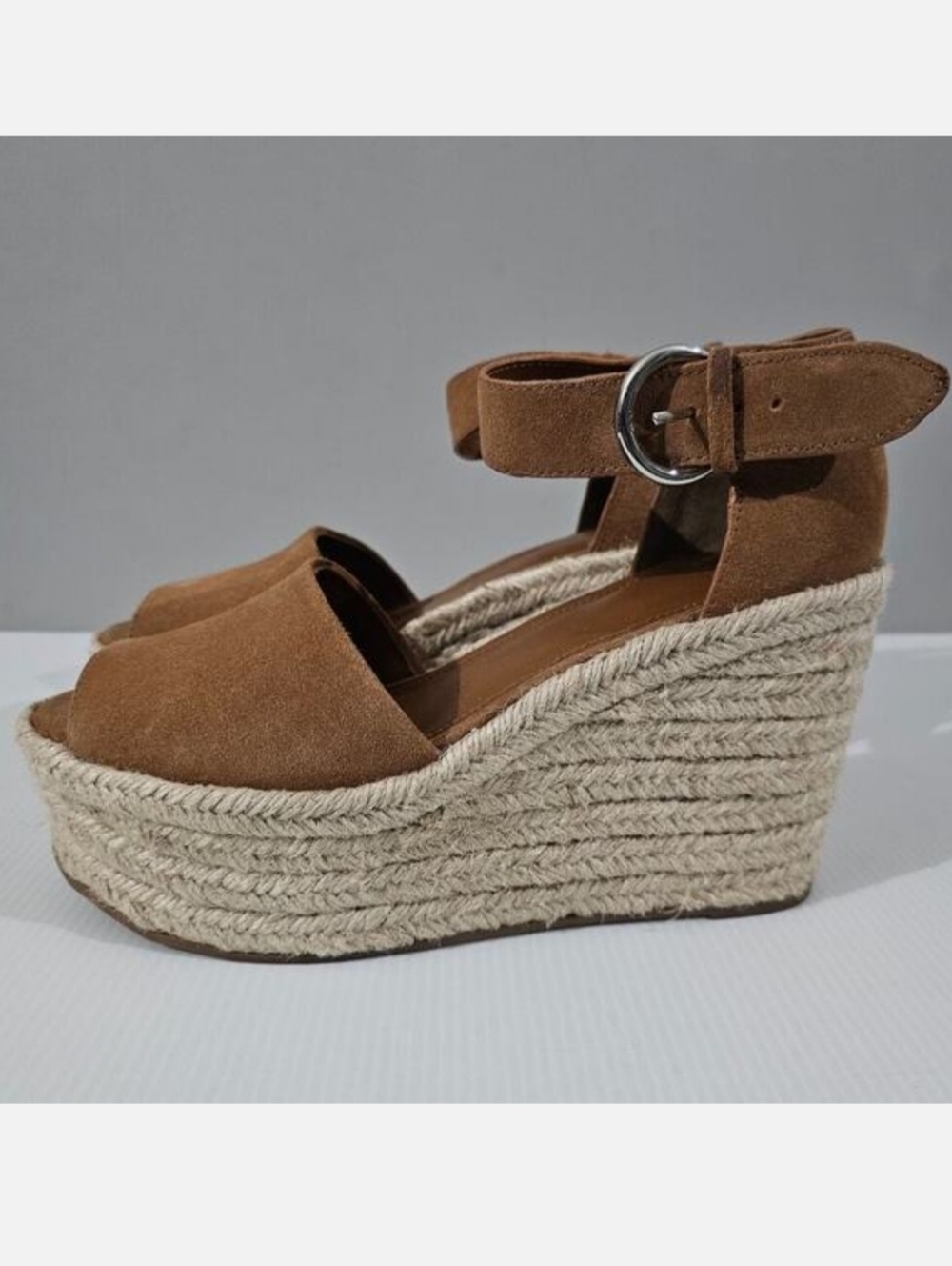 Marc Fisher Alita Platform Wedge 9.5 Brown Suede Peep Toe Sandal Espadrille NEW